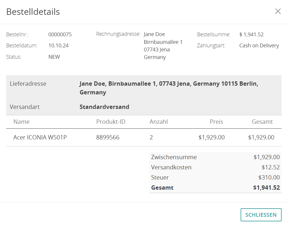 Der Dialog „Bestelldetails“ zeigt eine aufgegebene Bestellung an.